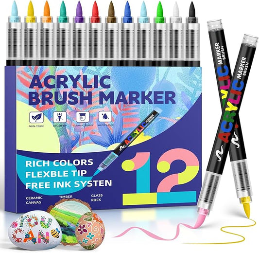 GOTIDEAL Acrylic Paint Markers Brush Tip,Waterproof Paint Pens acrylic Markers,No Bleed Acrylic Brush markers for Fabric,Wood,Rocks,Canvas Painting,Glass,Ceramic,Art Craft Supplies(12 Colors)