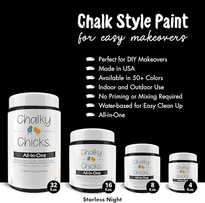 Chalky Chicks All-in-One Chalk Paint for Furniture or Cabinet - 32 Fl Oz - Matte Finish Starless Night Black for Metal, Wood Furniture Paint - No Sanding All-in-One for Home Decor & Crafts, USA Made