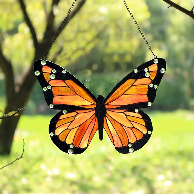 PA0007 Butterfly Stained Glass Hanging Panel 17" Wx12.75 H,Handmade Suncatcher Tiffany Style Window Ornament Home Hanging Decorations