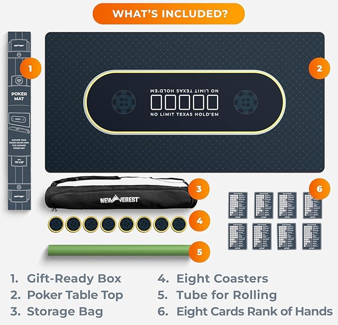 Newverest Poker Table Top 70" x 35", Texas Hold'em Poker Mat for Home Game Nights Up to 10 Players, Casino| Poker Topper Cloth for Tables in Zipper Storage Bag with 8 Coasters in Poker Gift-Ready Box