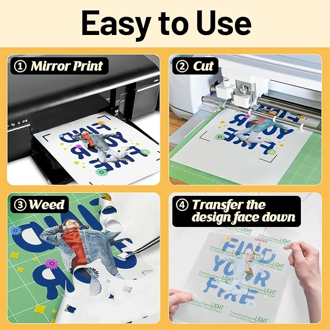 TransOurDream Heat Transfer Paper for t Shirts Heat Press (10 Sheets, 8.5"x11") Printable Heat Transfer Vinyl for Inkjet Printer Light Iron on Transfers for Tshirts Cuttable & Self-Positionable