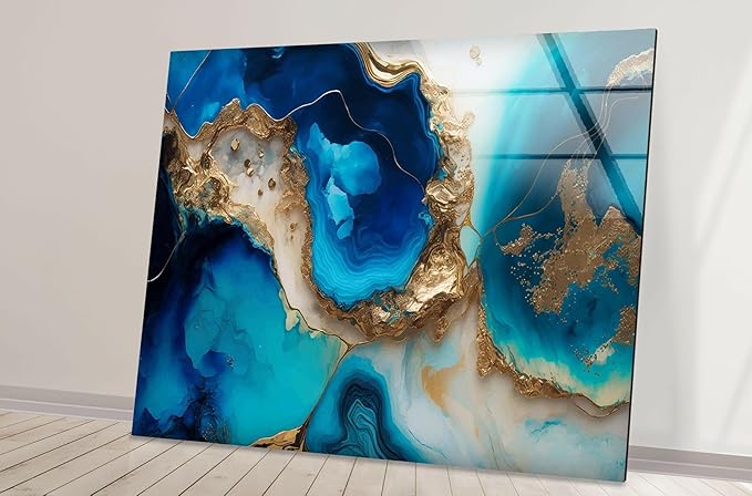 My Photostation.com 30Wx24H'' Blue Alcohol ink Glass Wall ArtTempered Glass Printing Wall Decor Large Wall Art Wall Hangings