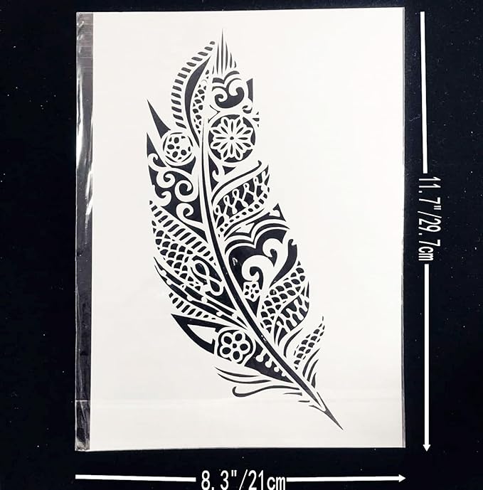 TIAMECH A4 Mandala Feather Stencil for Painting on Wood Reusable Big Feather Layering Stencil DIY Scrapbook Coloring Decorative Size 8.3 x 11.7inch Template