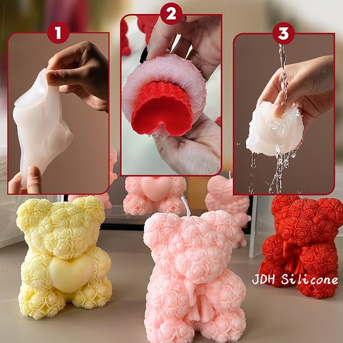 Extra Large Rose Bear Silicone Molds,3D Teddy Bear Candle Making Molds,Epoxy Resin Molds,for DIY Handmade Soaps, Women Gifts,Valentine Gifts, Birthday Gifts,Wedding Gift,Home Decor Crafts