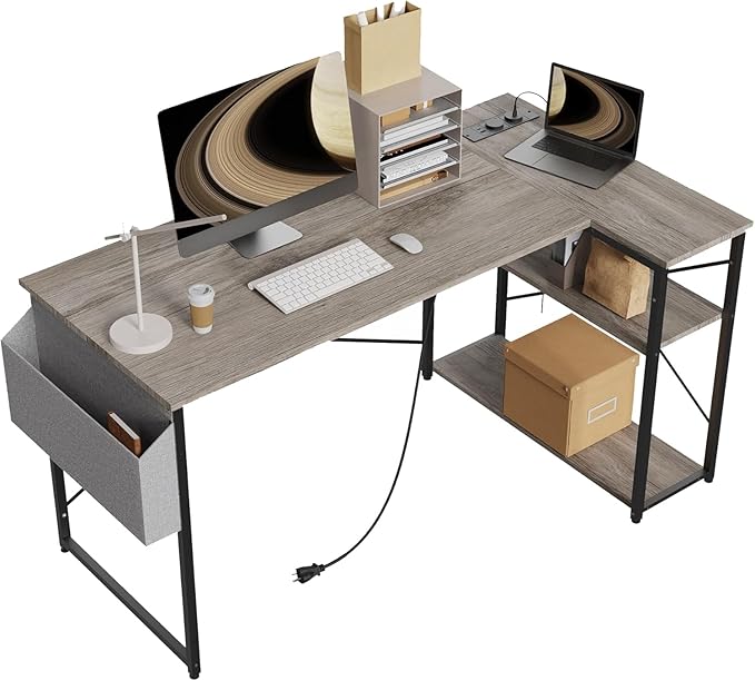 TIQLAB L Shaped Computer Desk with Power Outlets, 40 Inch Small Corner Desk with Reversible Shelves, Gaming Desk Computer Table Study Writing Desk for Home Office Small Space, Gray