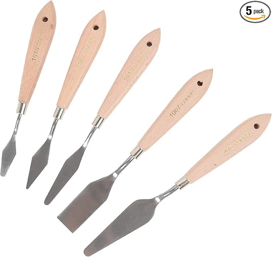 CONDA Artist Palette Knife Set - 5 Pieces Painting Knives for Acrylic, Flexible Stainless Steel Spatula Pallet knife for Mixing Color, Spreading, Applying Oil Paint on Canvases, Wood Handles