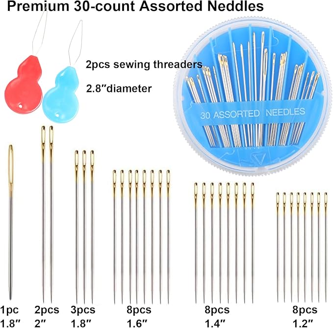 Eketirry Premium Hand Sewing Needles，1 Pack 30-Count Assorted Needles for Sewing Repair, 6 Different Sizes Sewing Needles with 2 Threaders (Blue, 1)