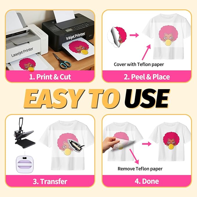 Lovein Pinkie Iron on Heat Transfer Paper for T Shirts (10 Sheets, 8.5x11'', Light Plus) Printable Heat Transfer Vinyl for Laserjet & Inkjet Printer Iron on Transfers Paper for Light Fabric (PK-L3-10)