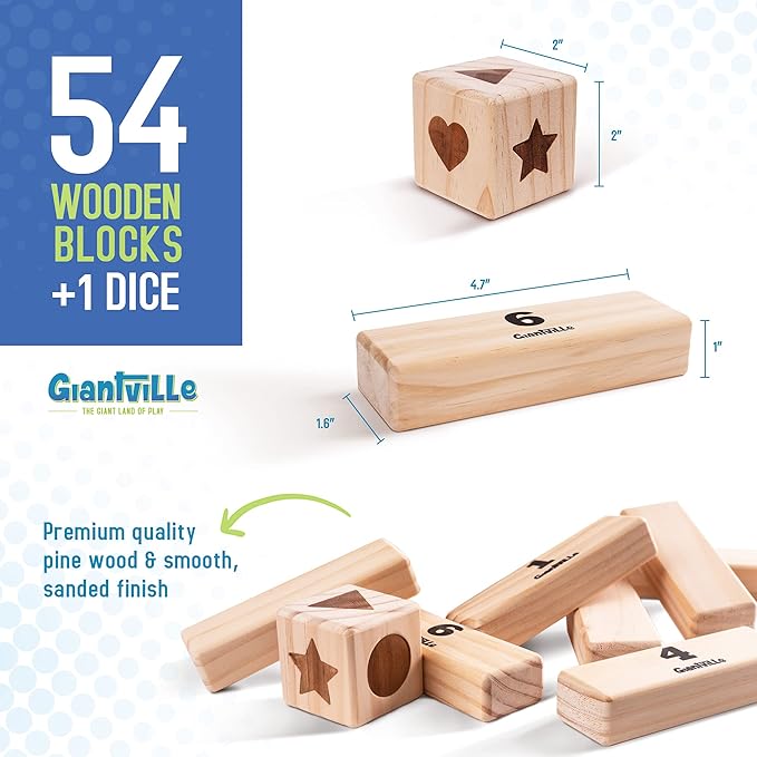 Giantville Giant Tumbling Timber Toy - Premium Pine Wood Life-Size Blocks Tower - Big Floor/Board Indoor/Outdoor Yard Game for Kids & Adults - 54-Pieces + Dice + Carry Bag - Grows to Almost 3-Feet