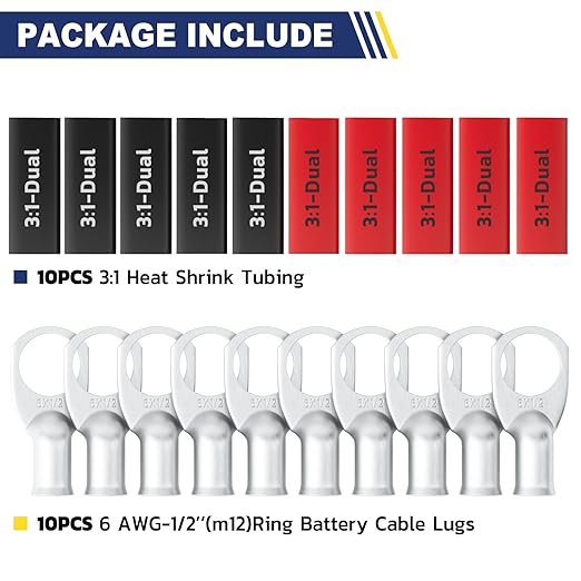 haisstronica 10pcs 6 AWG - 1/2" (M12) Tinned Copper Battery Lugs, Heavy Duty Copper Wire Lugs with 10pcs 3:1 Adhesive Heat Shrink Tubing, 6 Gauge Wire Lugs, Tinned Copper Battery Cable Ends