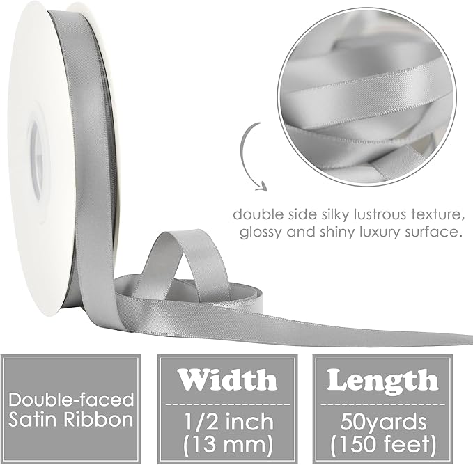 HUIHUANG Silver Ribbon 1/2 inch Continuous 50 Yards Silver Double-Faced Satin Ribbon for Gift Wrapping, Bows, DIY Crafts, Flower Bouquet, Wedding Decor, Christmas Holiday Decor
