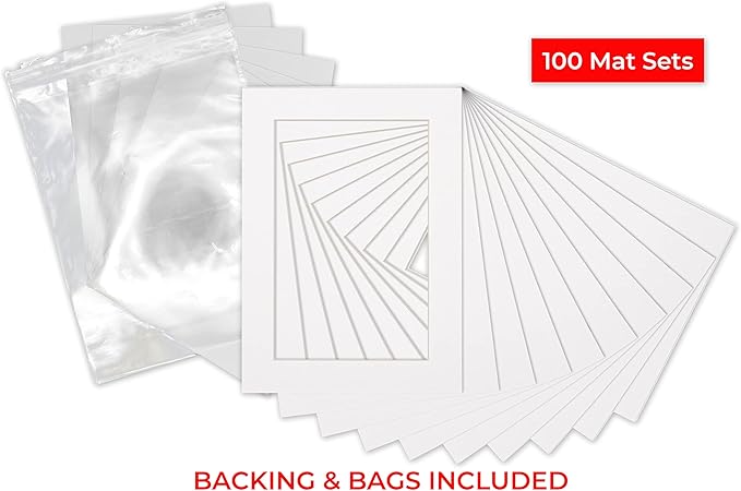 6x8 Mat for 8x10 Frame - Precut Mat Board Acid-Free Show Kit with Backing Board, and Clear Bags White 6x8 Photo Matte Made to Fit a 8x10 Picture Frame Matboard for Framing, Pack of 100 Mats