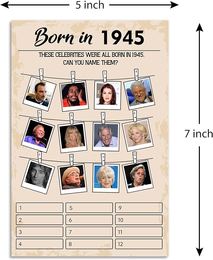 80th Birthday Party Games, Set of 2 Activities for 15 Guests, Born in 1945 Games Bundle, Birthday Party Supplies for Adults, Pack of 30 Cards