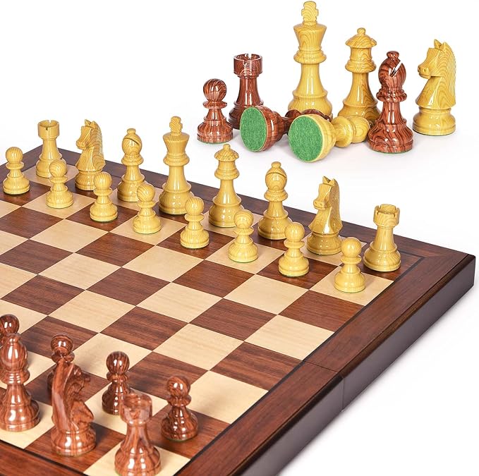 AMEROUS 20'' x 20'' Wooden Chess Set with High Polymer Weighted Chess Pieces / 3.75'' King / 2 Extra Queens/Larger Size Folding Board, Chess Board Game for Adults