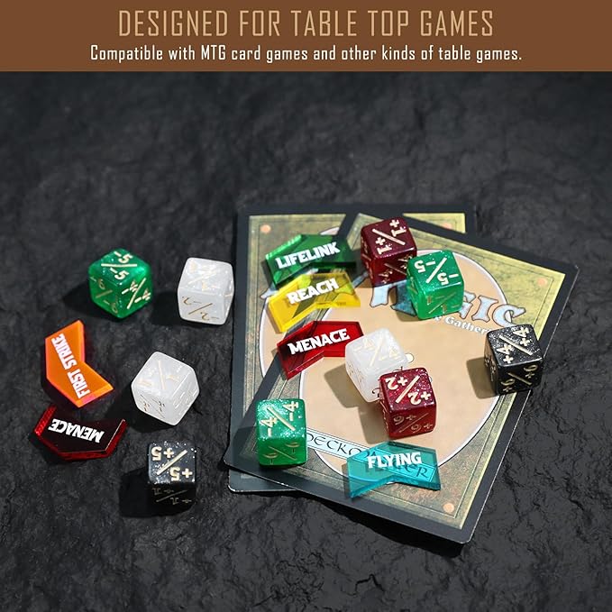 108PCS MTG Keyword Tokens & 12mm MTG Life Counter Dice Set for Magic Card, CCG Creature Stats Loyalty Dice with Box, Magic TCG Card Game Accessories