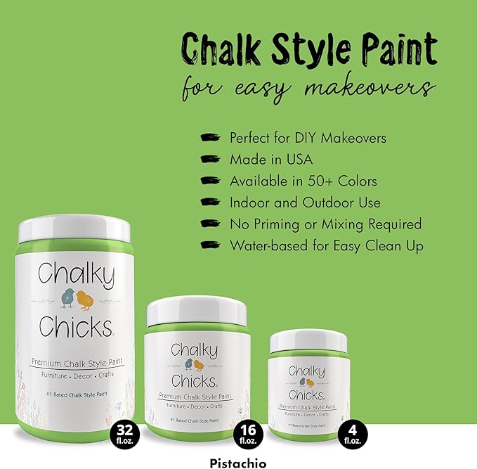 Chalky Chicks All-in-One Chalk Paint for Furniture or Cabinet - 32 Fl Oz - Matte Finish Pistachio (Lime Green) for Metal, Wood Furniture Paint - No Sanding All-in-One for Home Decor & Crafts, USA Made