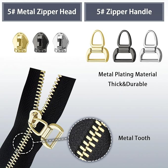 VICHERIA Zipper Repair Kit (45 Pcs), Universal Zippers for Sewing, Replacement Slider Pull Fix Kit for Jackets, Coat, Boot, Backpack, Purse (5#-B-9Pcs)