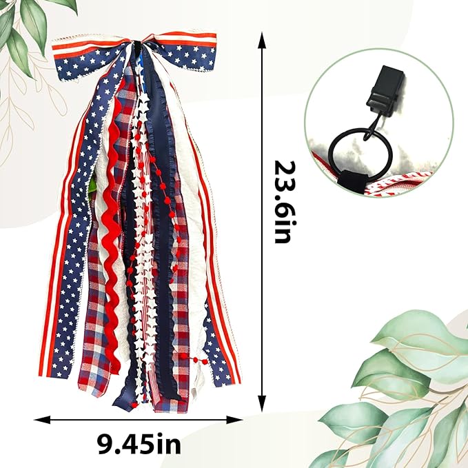 Large Patriotic Star Ribbon Bow for Wreath, Red White Buffalo Plaid Fabric Ribbons Set Assorted Lace Ribbon 4th of July Clip-On Wreath Sash Ribbons Bundle for Patriotic Indoor Outdoor Decor