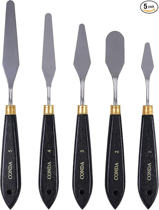 conda Palette Knife Painting Stainless Steel Spatula Palette Knife Oil Paint Metal Knives Wood Handle (Black 5 Piece)