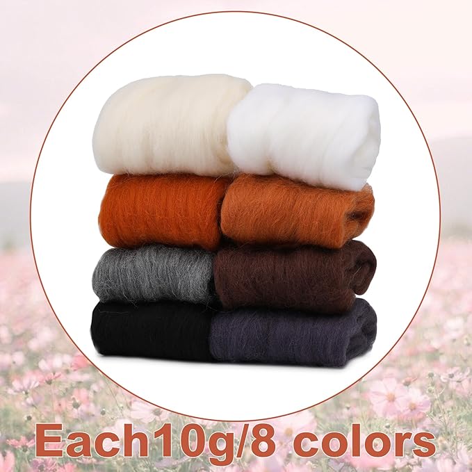 Wonvoc Needle Felting Wool 2.82 OZ (80 g), 8 Colors Wool Roving, Felting Wool Bulk, Wool Roving for Needle Felting, for DIY Craft Materials, White, Black, Brown