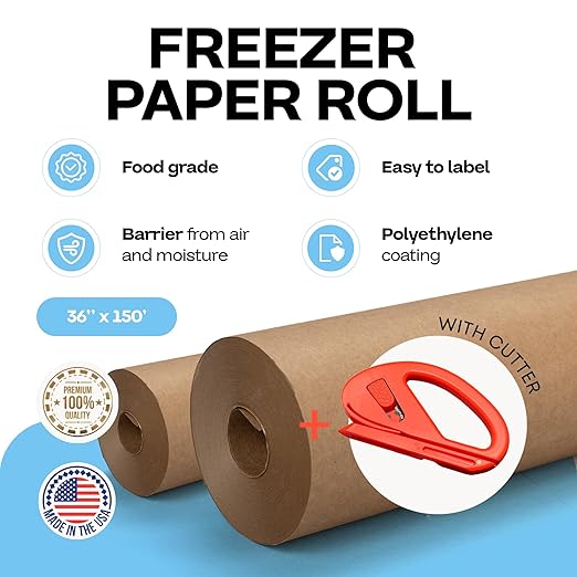 Brown Freezer Paper Roll 36" x 1800" (150 feet) with Cutter - USA-made Freezer Paper for Meat & Fish - Poly-Coated Food Wrapping Material for Freezing - Barrier Against Air & Moisture by IDL Packaging