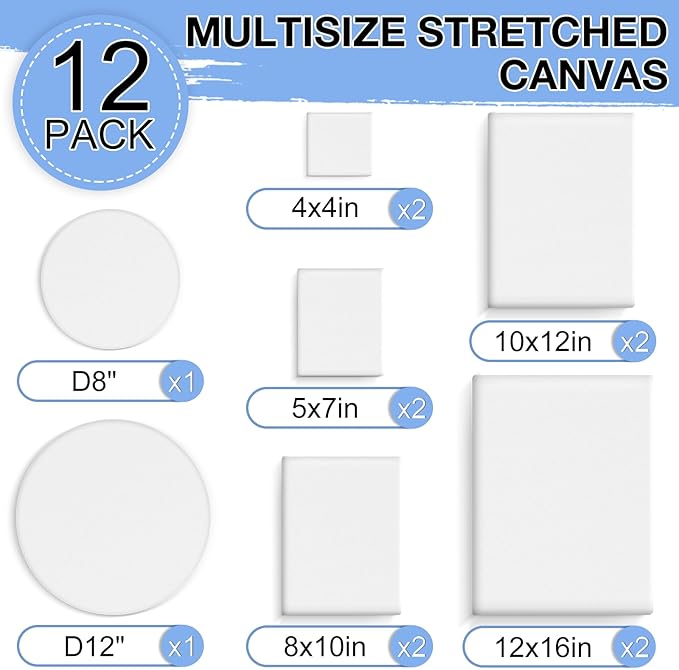 ESRICH 12 Pack Stretched Canvas for Painting, 4x4, 5x7, 8x10, 10x12, 12x16(2 of Each), Round Canvas with 8x8, 12x12(1 of Each), Blank Canvases Primed Paint Canvas for Beginners, Artists