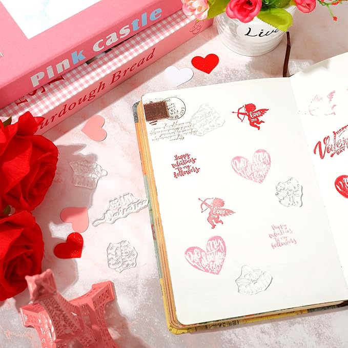 Whaline 4 Sheet Valentine's Day Words Clear Stamps Love Heart Silicone Transparent Stamps Border Stamp Cards for DIY Craft Card Making Scrapbooking Embossing Album Decor