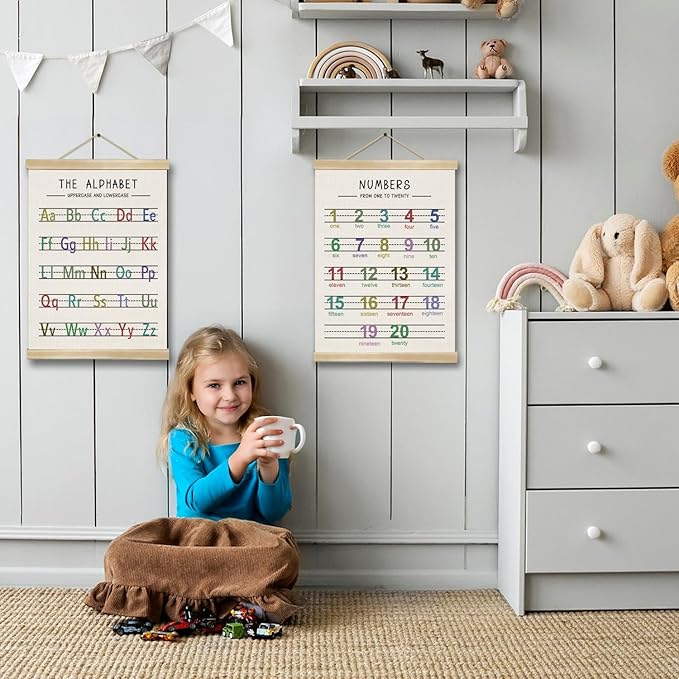 Alphabet and Numbers Wall Chart Set of 2 ,Kids Educational Posters,ABC and 1-20 Number Learning Banners for Toddlers, Preschool Classroom, Nursery, Playroom Decor 14 x 18.5 Inch(Colorful)