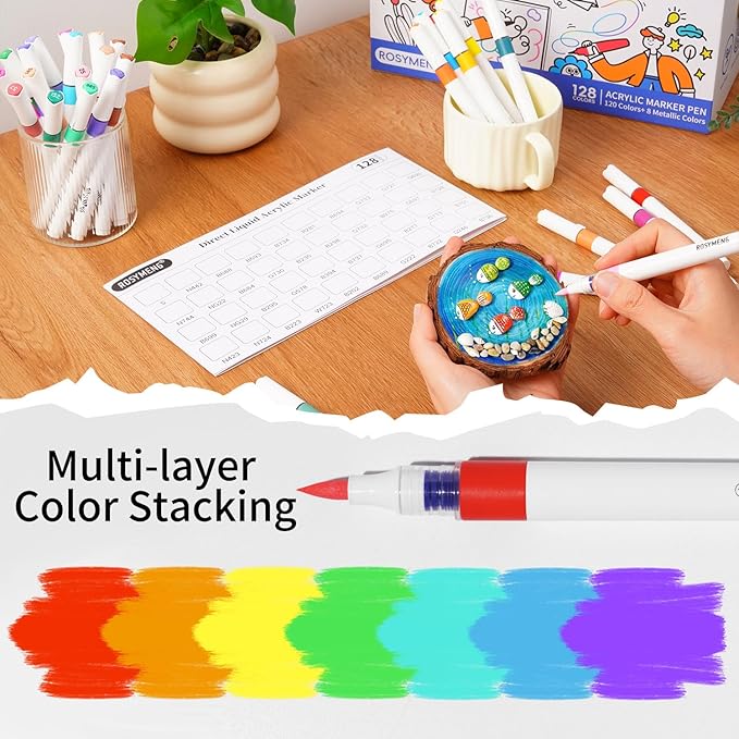 9 Color Acrylic Paint Markers, Water-Based Acrylic Markers for Artists Adults Coloring Drawing Cartoon Anime Comic - Brush Tip for Rock Painting, Wood, Canvas, Fabric, DIY Crafts (Pearl Pig Series)