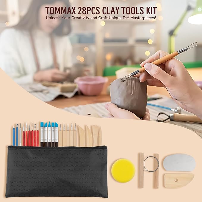 Clay Sculpting Tools Kit 28PCS, Clay Pottery Carving Tool Kit with Wooden & Stainless Steel Clay Tools, Professional Clay Sculpting Tools for Adults, Sculpting Tools for Air Dry Clay, Polymer, Ceramic