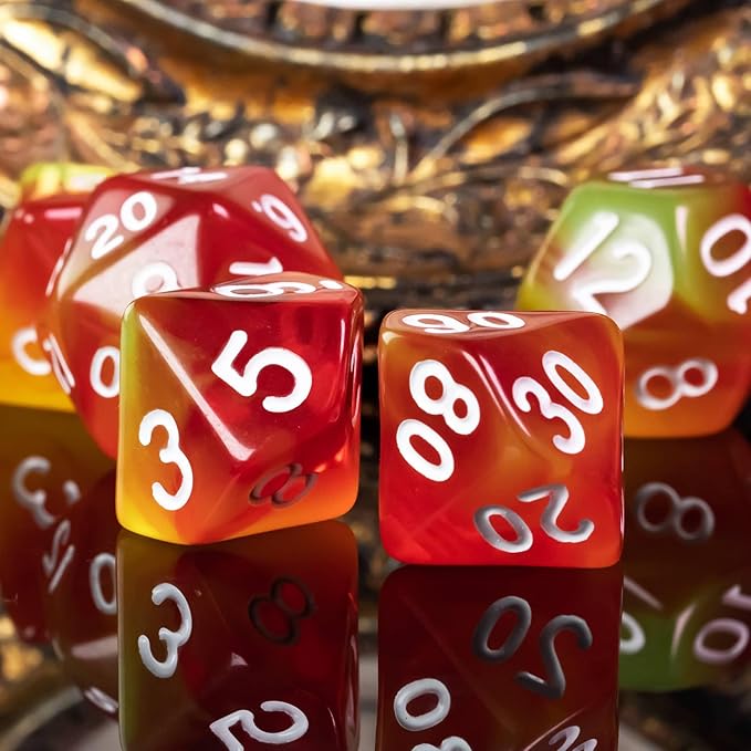 7-Die DND Dice Set Polyhedral Dice Set with a Leather Dice Bag, D&D Dice Set for Dungeons and Dragons, RPG Table Games (T/Red Yellow)