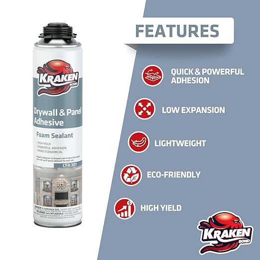 KRAKEN BOND Drywall & Panel Adhesive Foam - (1x24oz) Heavy-Duty, Fast-Curing Construction Adhesive for Concrete, Wood, and Heat Insulation Applications - 1 Pack