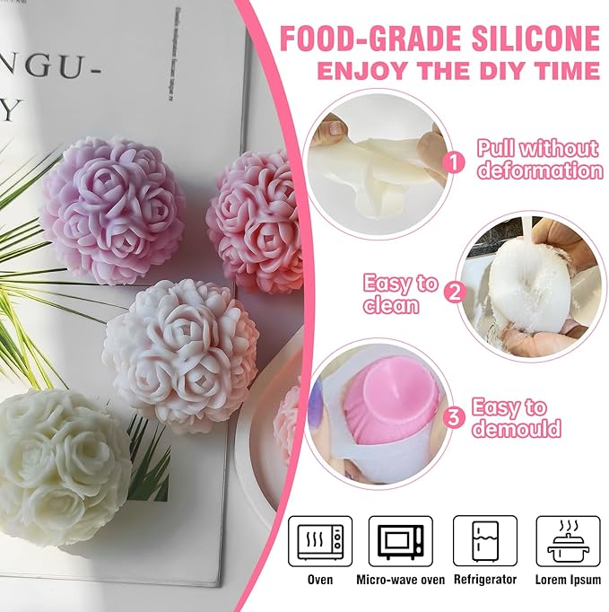 JDH 2 PCS Rose Ball Round Candle Mold 3D Rose Flowers Silicone Mold Flower Molds de silicona para velas for Candy & Home Decor - Resin Casting & Making Molds for Candle, Resin, Soap & Chocolate