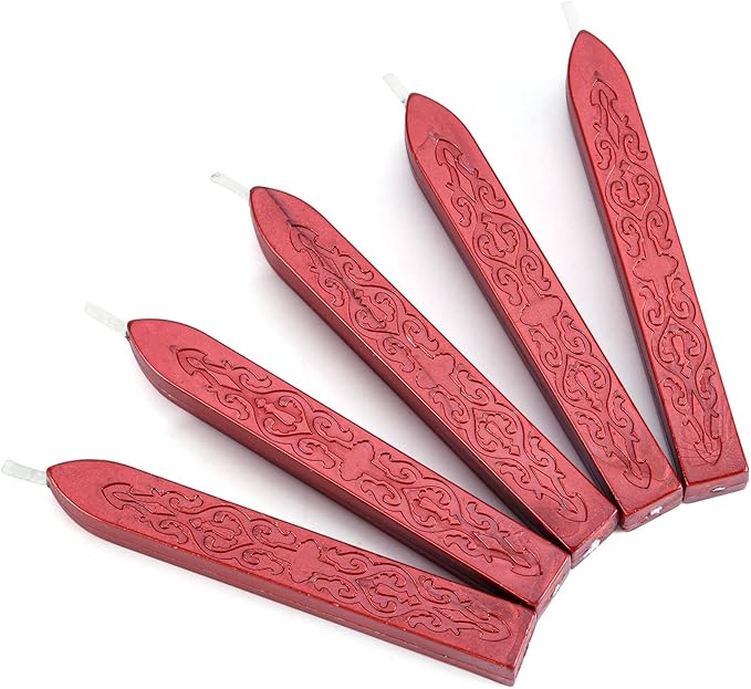 Yoption 5Pcs Sealing Wax Sticks, Vintage Totem Fire Manuscript Flashing Wine Red Wax Seal Sticks with Wicks, Sealing Wax for Wax Seal Stamp