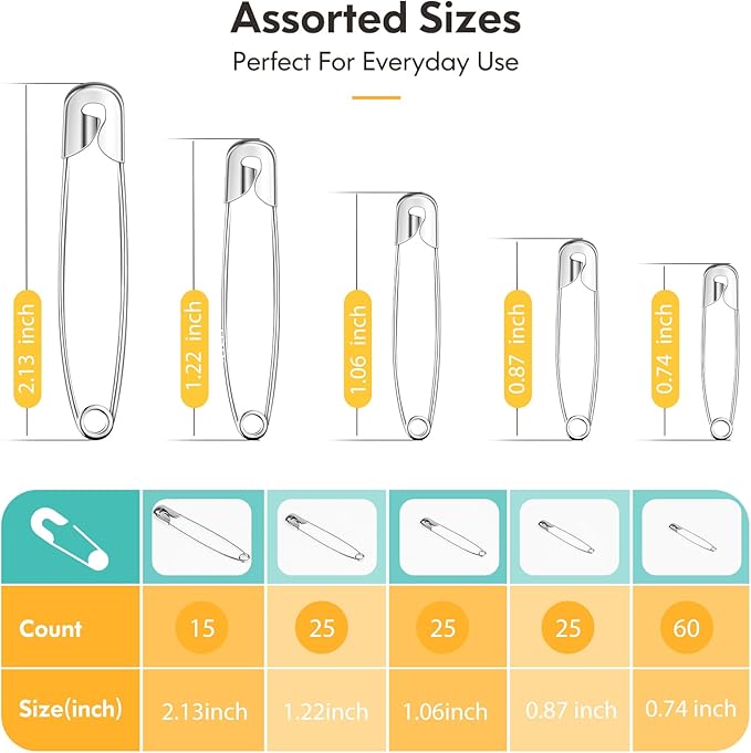 Huhuhero 150Pcs Safety Pins, Large & Small Safety Pins for Clothes Sewing Craft, Nickel Plated Steel Assorted Size Pins Bulk, Art and Craft Supplies (Sliver)