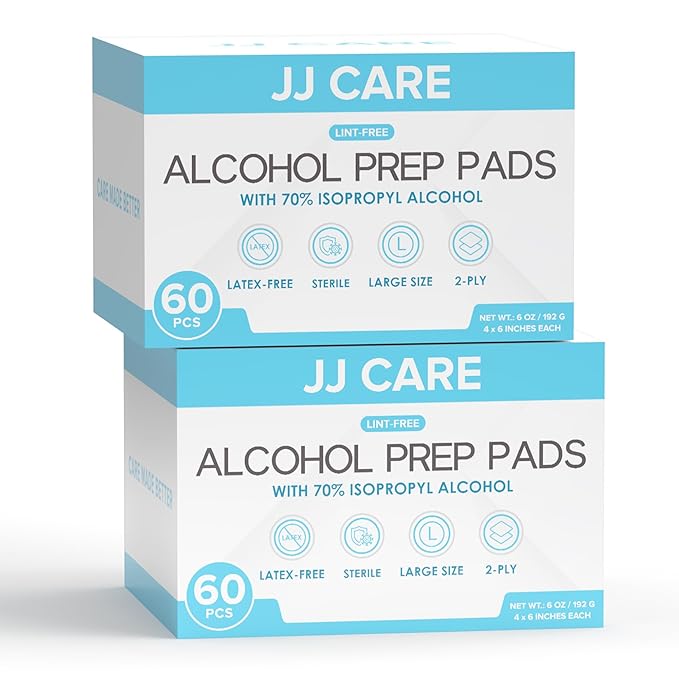 JJ CARE Large Alcohol Prep Pads [Pack of 120], 4 x 6" Sterile Prep Pads Individually Wrapped, 70% Isopropyl Alcohol Wipes, 2 Ply First Aid Swabs, Perfect for Medical, First Aid Kit & Home