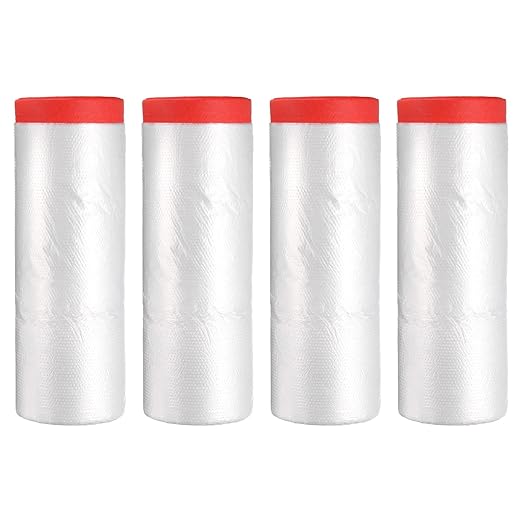 uxcell Pre-Taped Masking Film, 7.9ft x 66ft High-Tack Painters Tape Plastic Drop Cloth with High-Tack Painters Tape for Painting Protection Red 4Pcs
