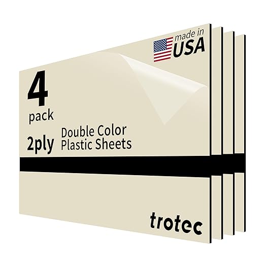 Trotec TroLase | 12"x20"x1/16", 4 Pcs | Almond/Black | 2 Ply | Modified Acrylic | Laser Engraving Double Color Plastic Sheet | Engraving Blanks for Laser, Saw, Guillotine | Made in USA