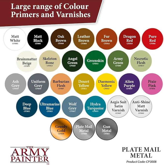 The Army Painter Colour Primer Plate Mail Metal, 400 mL Acrylic Spray Primer, Spray Paint Basecoat for Miniature Priming, Tabletop Roleplaying, Boardgames, and Wargames Miniature Modelling