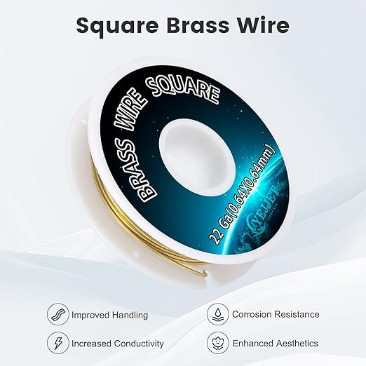 22 Gauge Square Brass Wire 0.64x0.64mm (30FT) - Ultra-Fine Craft Wire for Detailed Metalwork, Embroidery, Miniatures