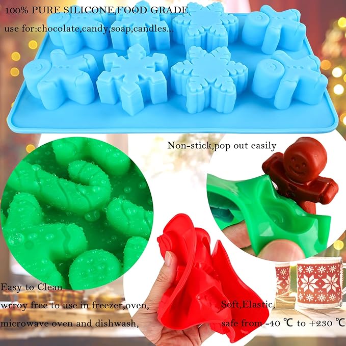 Christmas Silicone Molds Christmas Chocolate Molds Candy Molds for Baking Sweet Treats,Cake Xmas Gift Handmade Soap Candles with Shape of Christmas Tree, Santa Head Party Decoration Red,Green,Blu