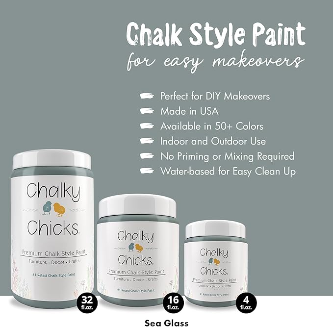 Chalky Chicks All-in-One Chalk Paint for Furniture or Cabinet - 32 Fl Oz - Matte Finish Sea Glass (Light Blue) for Metal, Wood Furniture Paint - No Sanding All-in-One for Home Decor & Crafts, USA Made