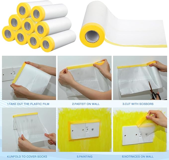 Seajan 18 Roll Painters Plastic with Tape Pre Taped Masking Film for Painting Automotive Paint Adhesive Protective Film Masking Tape Roll Plastic Painting Covering (White,5 x 65 Ft)