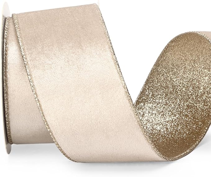 Ribbli Light Champagne Velvet Wired Ribbon 2.5 Inch Ivory Velvet with Champagne Glitter Christmas Ribbon for Christmas Tree Decoration Big Bow Gift Wrapping Crafts Wreaths Supplies- 10 Yards