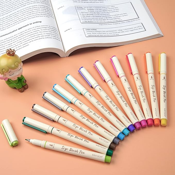WRITECH Brush Tip Marker Pens: Artist Markers Flexible Tip Water Based 12ct Assorted Colors for Journaling Adult Coloring Hand Lettering Calligraphy Drawing Vibrant Colored