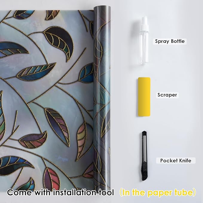 DKTIE Static Cling Decorative Window Film Vinyl Non Adhesive Privacy Film with Installation Kit, Multilayer UV Inkjet Technology, 3D Thickened Stained Film, Vintage Leaf Pattern, 35.4 x 78.7 Inches