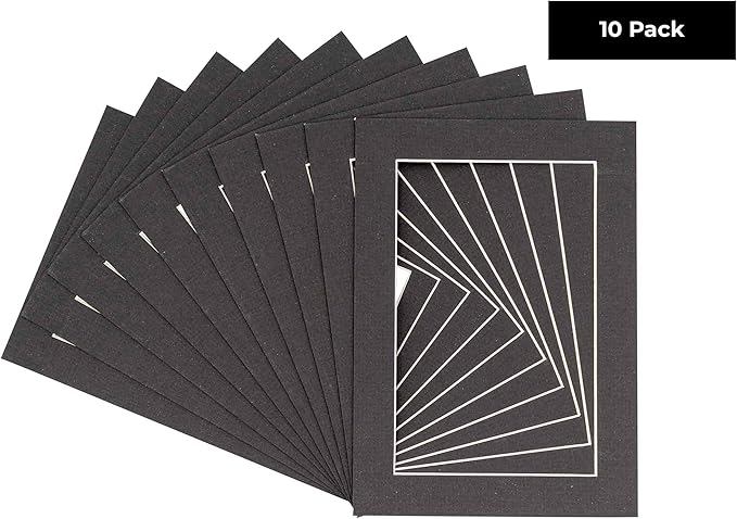 5x7 Mat for 8.5x11 Frame - Precut Mat Board Acid-Free Show Kit with Backing Board, and Clear Bags Textured Black 5x7 Photo Matte For a 8.5x11 Picture Frame Matboard for Framing, Pack of 10 Mats