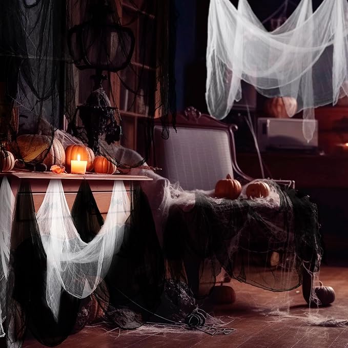 Boao Halloween Cheese cloth 39.37 x 196.85 Inch White Black Cheesecloth Roll for Crafts Large Cotton Muslin Gauze Fabric for Halloween Outdoor & Indoor Spooky Decoration