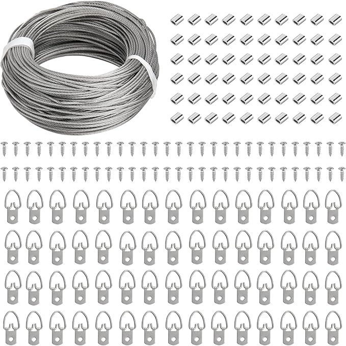 Picture Hanging Wire Kit, 100 FT Braided Hanging Wire, 60pcs D Ring Picture Hangers , 60pcs Aluminum Crimping Loop Sleeve, 60pcs Screws, for Hanging Pictures Painting Hanging Kit Photo Frames