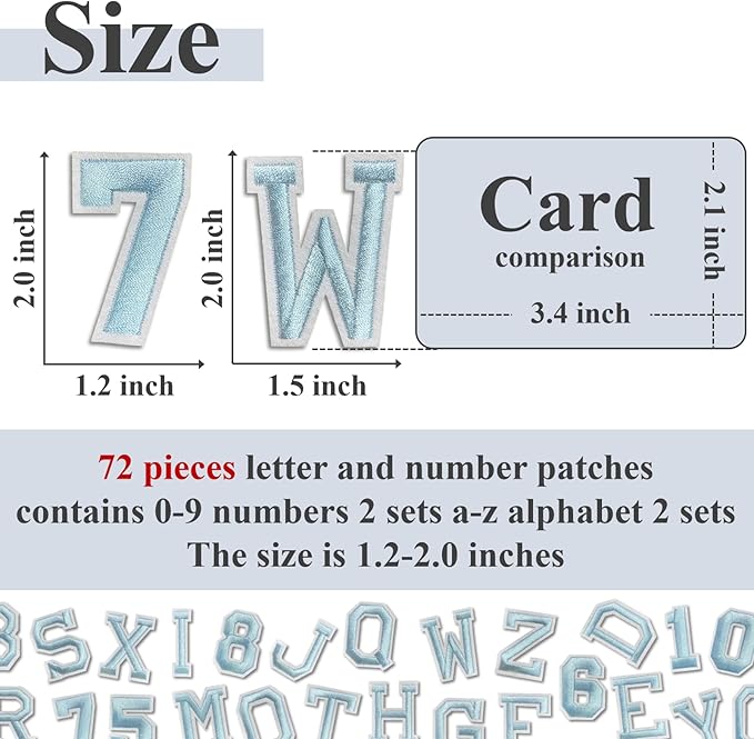 Letter and Number Iron On Patches, A-Z Alphabet and Numbers 0-9 Embroidery Applique Patch, DIY Decorative Heat Press Patches for Clothing Jeans Jackets Backpacks Hats (Light Blue 72 Pcs)